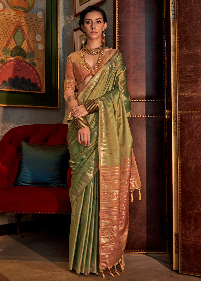 Green Tussar Silk Saree With Blouse Piece Free Shipping Discounts