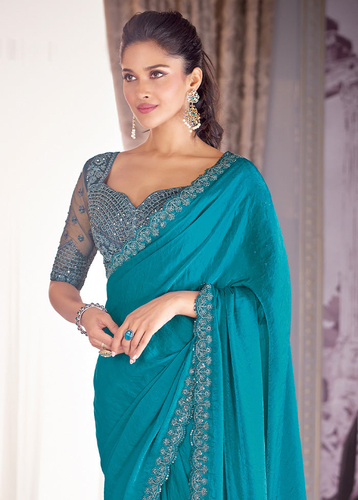 Sea Blue Satin Silk Saree With Blouse Piece Clearance Discounts