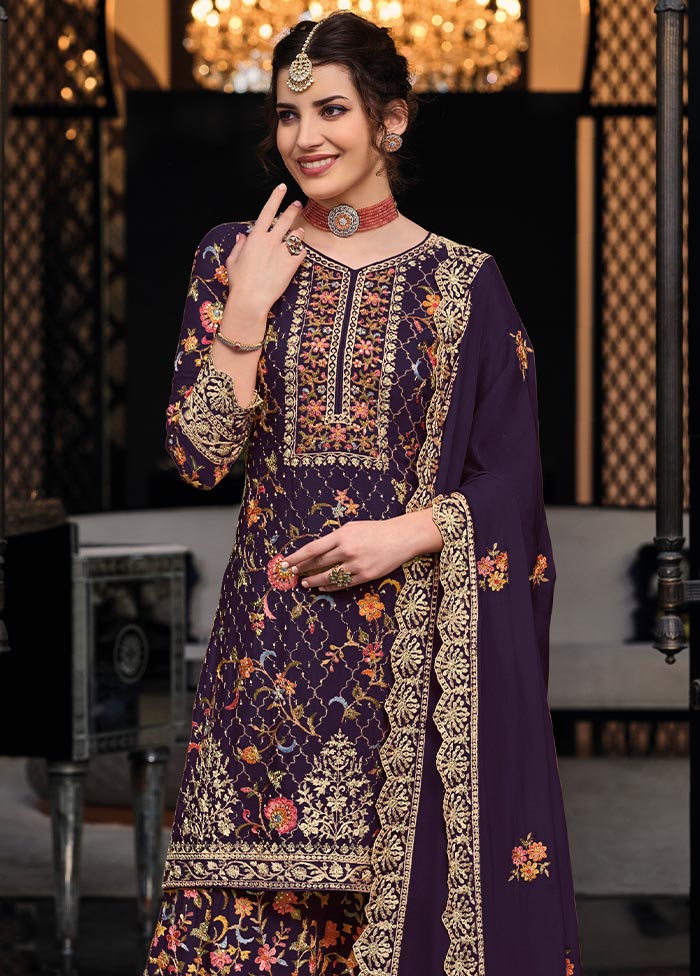 3 Pc Wine Semi Stitched Silk Suit Set Perfect For Sale