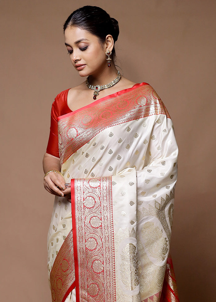 Cream Banarasi Silk Saree With Blouse Piece Cheap Sale Pick A Best