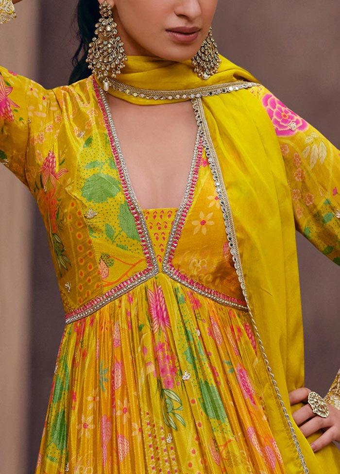 3 Pc Yellow Semi Stitched Georgette Suit Set Cheap Online