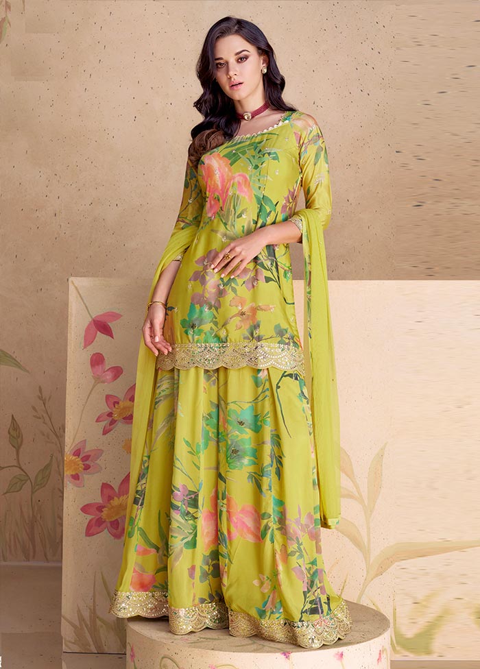 3 Pc Yellow Semi Stitched Silk Suit Set Order