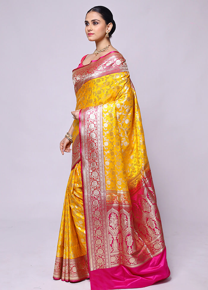 Yellow Handloom Banarasi Pure Silk Saree With Blouse Piece Clearance Order