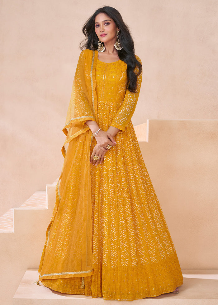 3 Pc Yellow Semi Stitched Georgette Suit Set Clearance High Quality