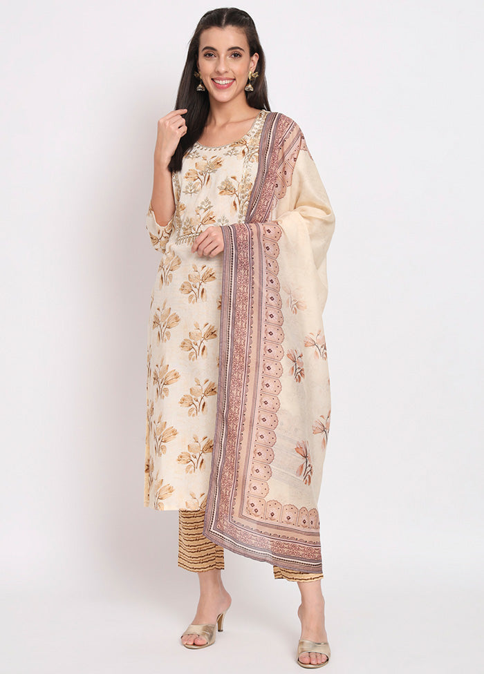 3 Pc Cream Readymade Cotton Dupatta Suit Set Official Sale Online