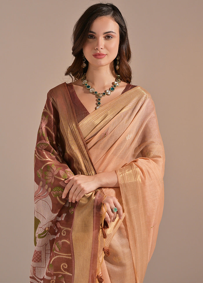 Peach Pure Cotton Saree With Blouse Piece Outlet For Sale