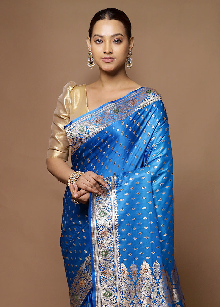 Blue Banarasi Silk Saree With Blouse Piece Cheap Sale Reliable