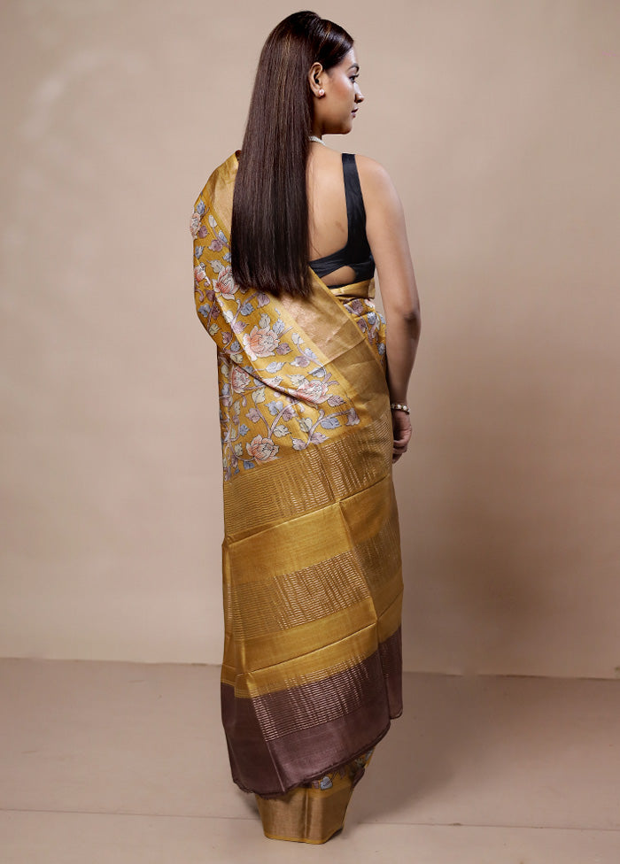 Yellow Tussar Silk Saree With Blouse Piece Reliable Cheap Online