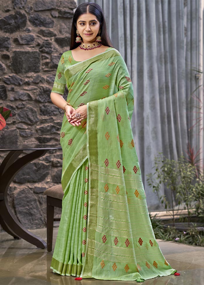 Green Linen Silk Saree With Blouse Piece For Sale Wholesale Pice