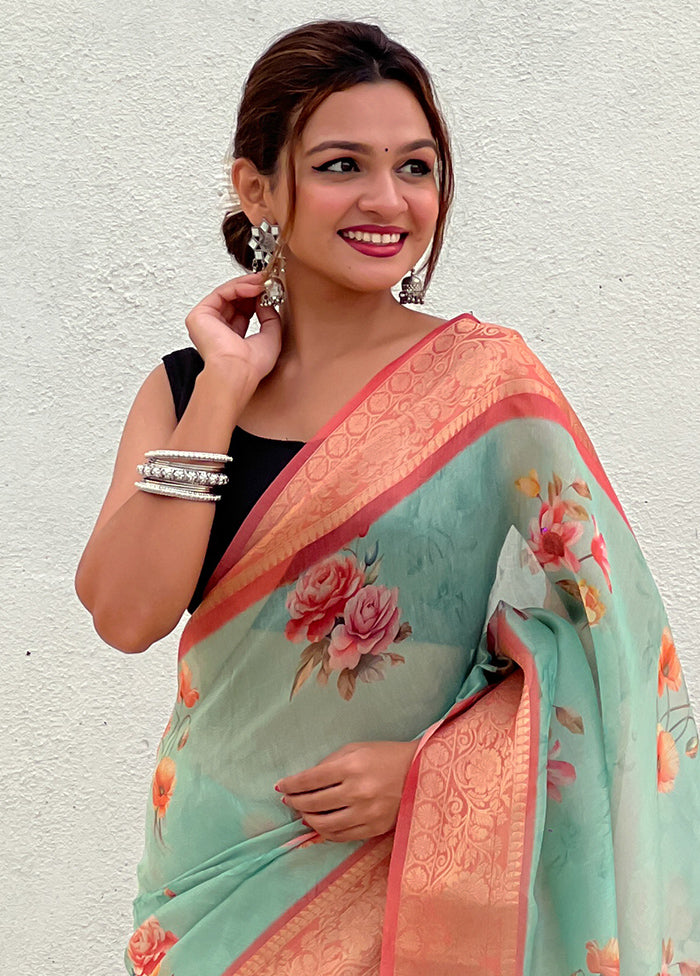 Sea Green Spun Silk Saree With Blouse Piece Best Store To Get Cheap Online