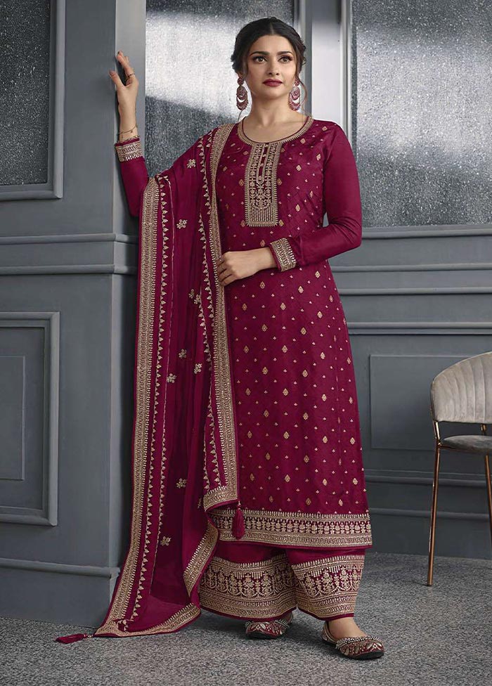 3 Pc Magenta Semi Stitched Silk Suit Set Best Wholesale For Sale