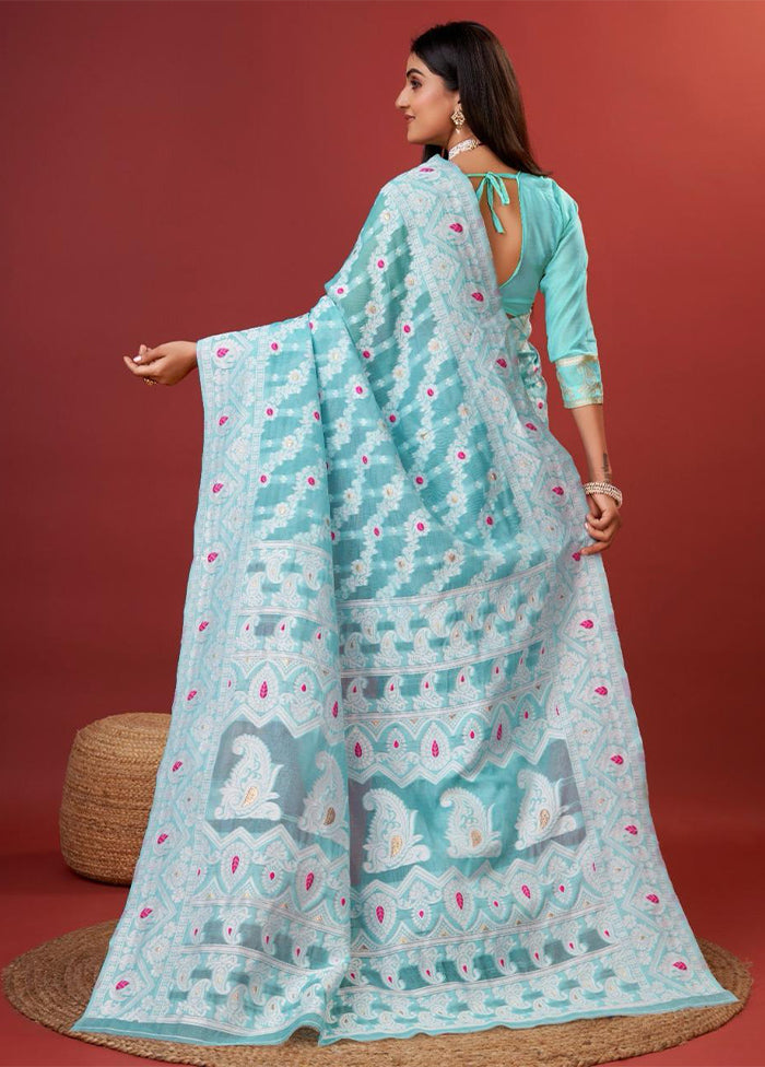 Sky Blue Cotton Saree With Blouse Piece Free Shipping Wiki