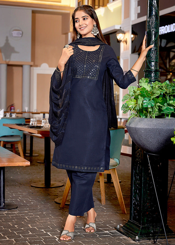 3 Pc Navy Blue Readymade Cotton Suit Set How Much Sale Online