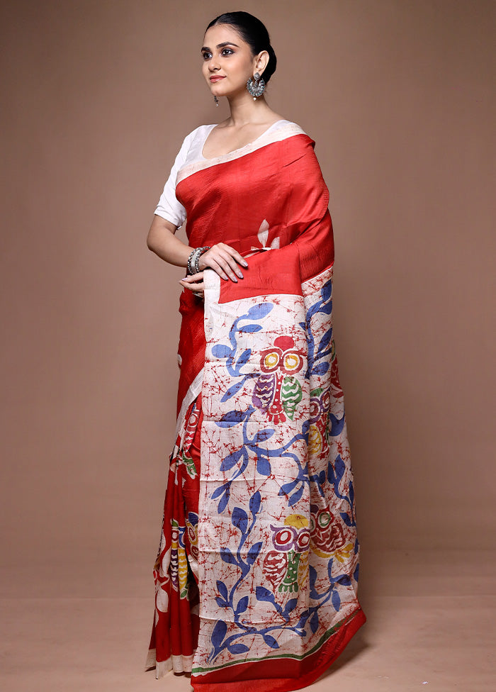 Red Printed Pure Silk Saree Without Blouse Piece Cheap Finishline