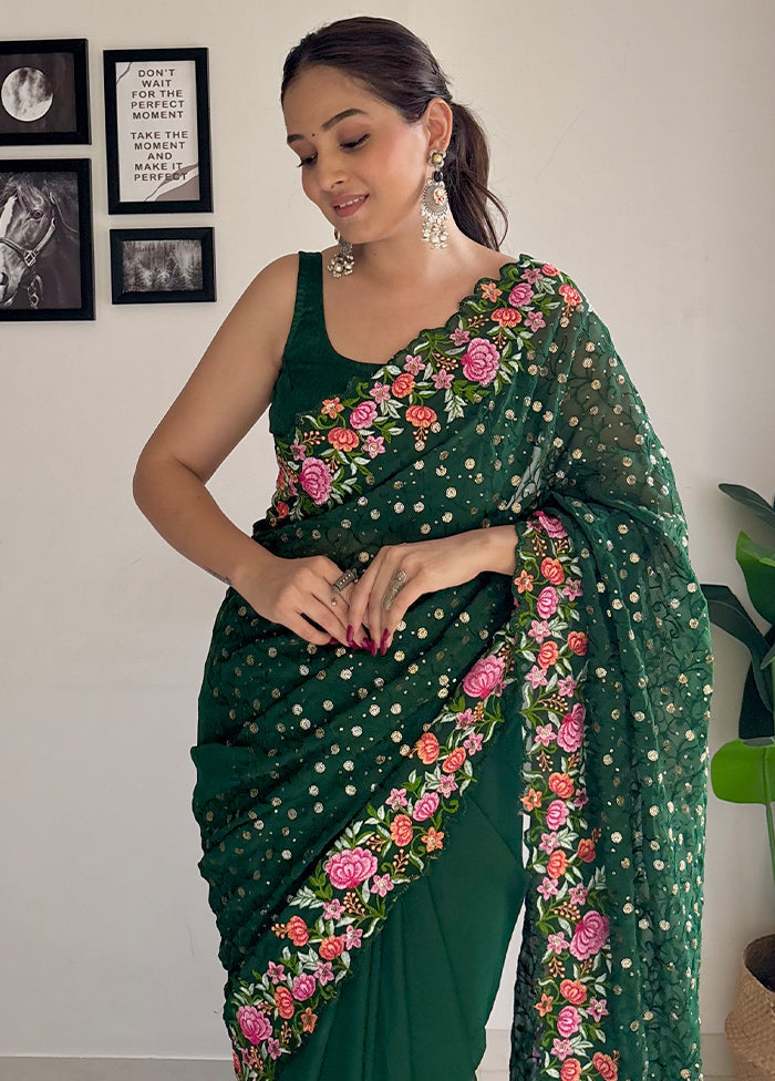 Dark Green Georgette Saree With Blouse Piece Best Place