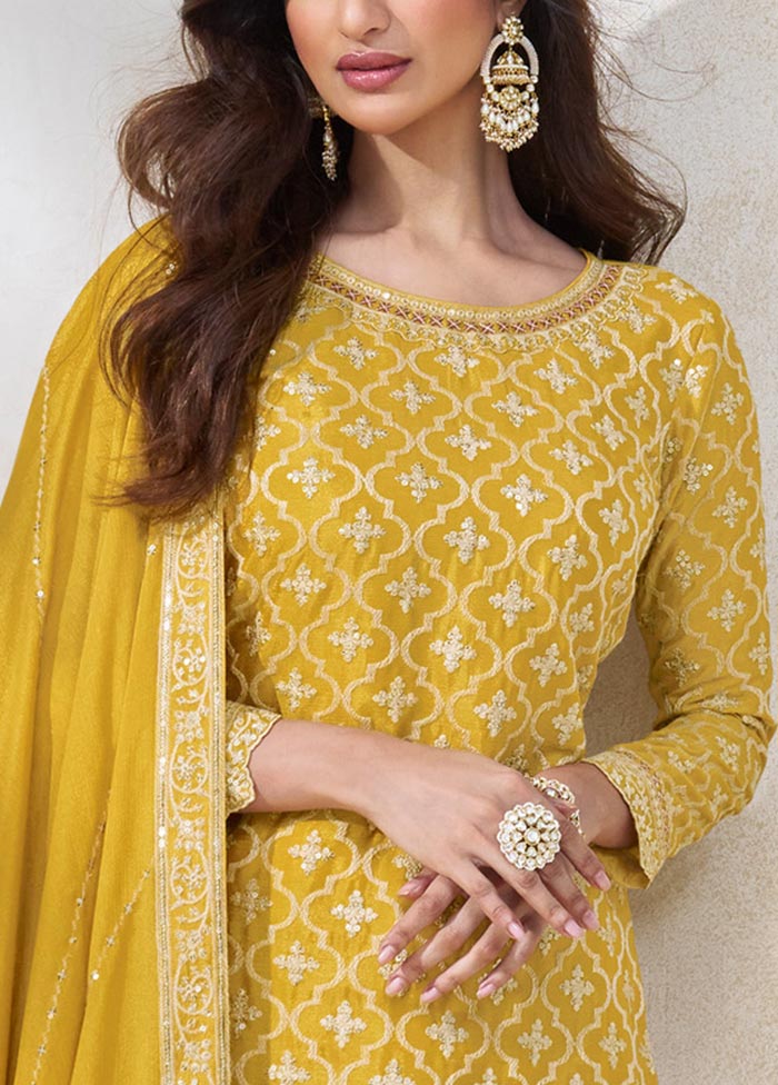 3 Pc Yellow Semi Stitched Silk Suit Set Discount 2025 Unisex