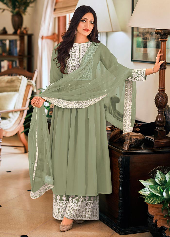 3 Pc Pista Green Semi Stitched Georgette Suit Set Outlet Locations Sale Online