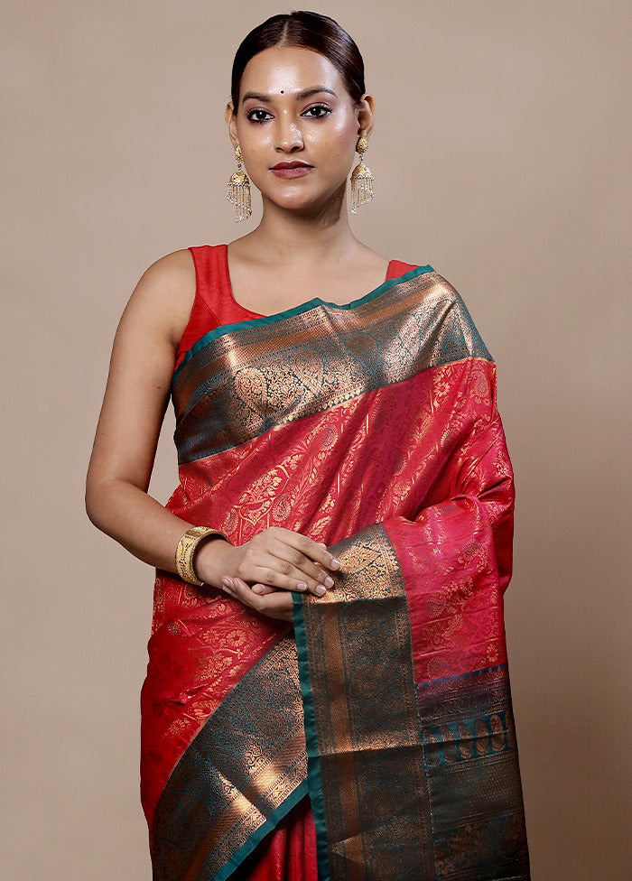 Red Kanjivaram Silk Saree With Blouse Piece Supply Cheap Pice