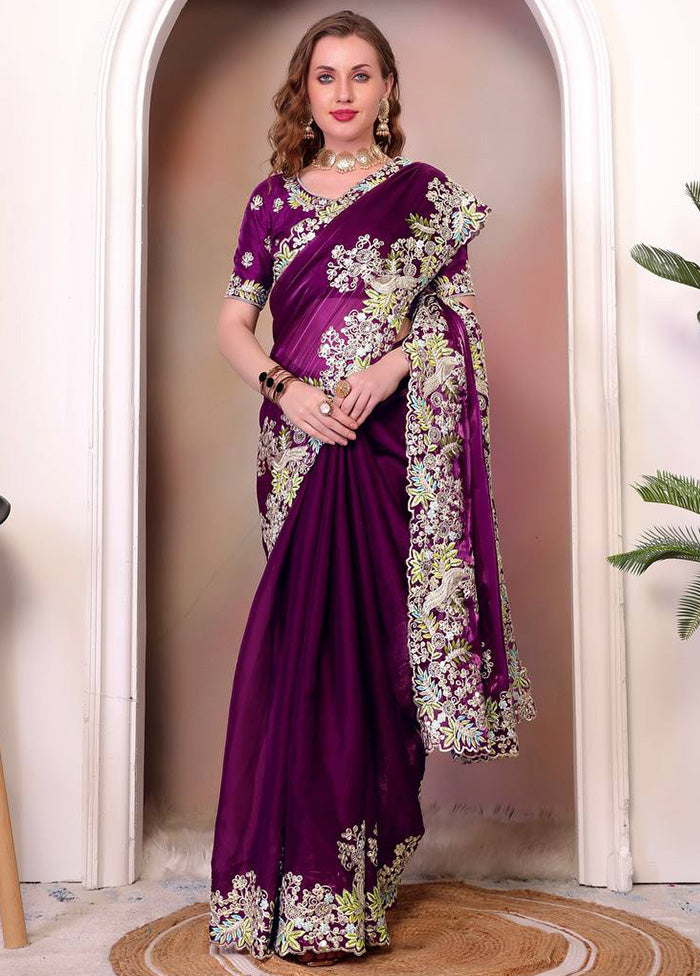 Voilet Spun Silk Saree With Blouse Piece Cheap The Cheapest