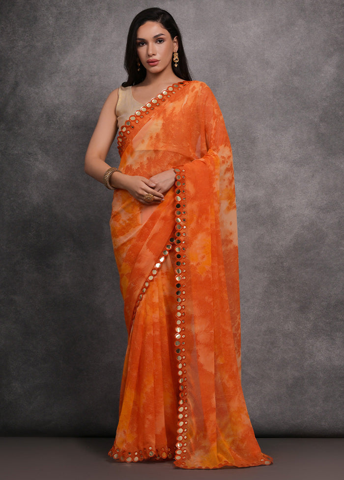 Orange Chiffon Silk Saree With Blouse Piece Recommend Online