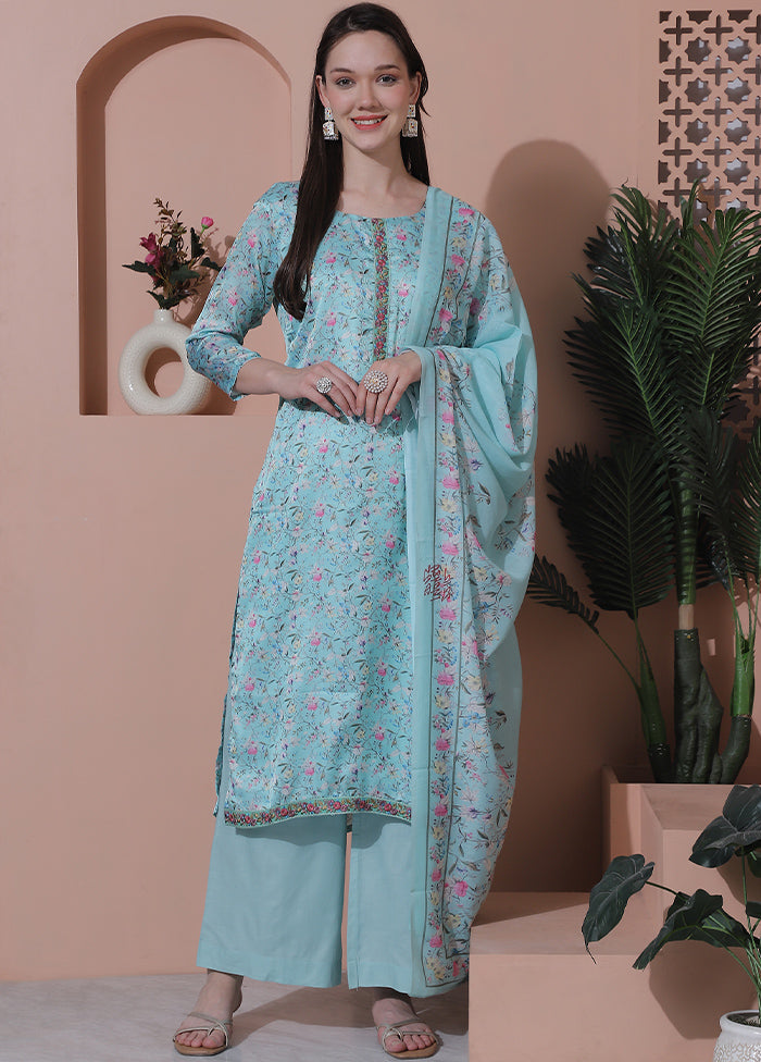 3 Pc Turquoise Unstitched Silk Suit Set Cheap Sale Comfortable