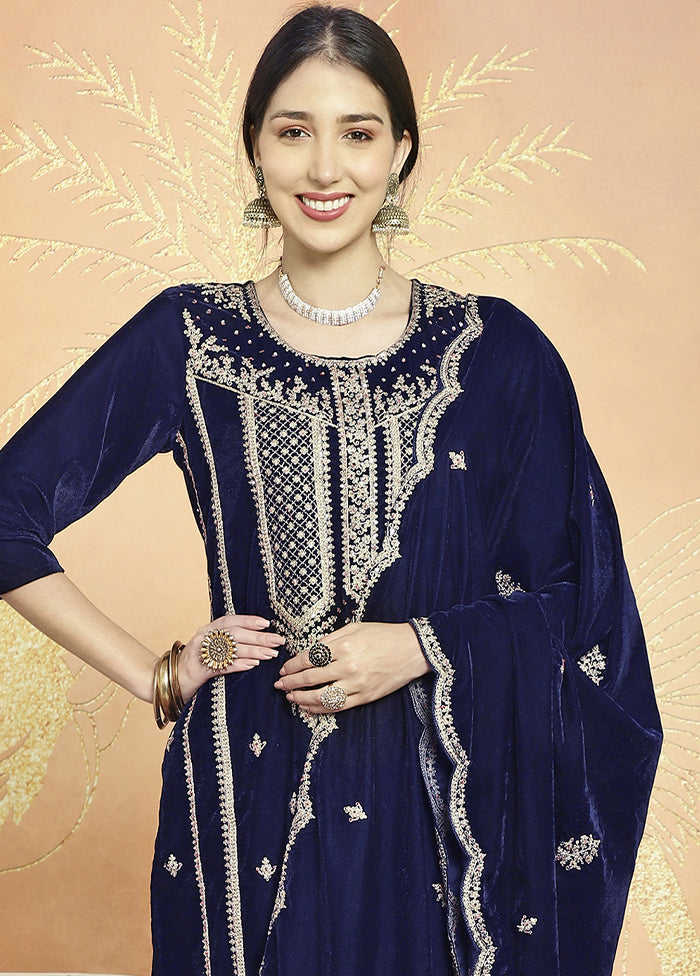 3 Pc Navy Blue Unstitched Velvet Suit Set Discount Latest Collections