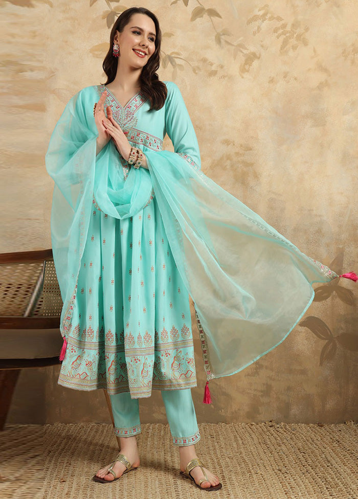 3 Pc Sky Blue Readymade Rayon Suit Set Sale Exclusive