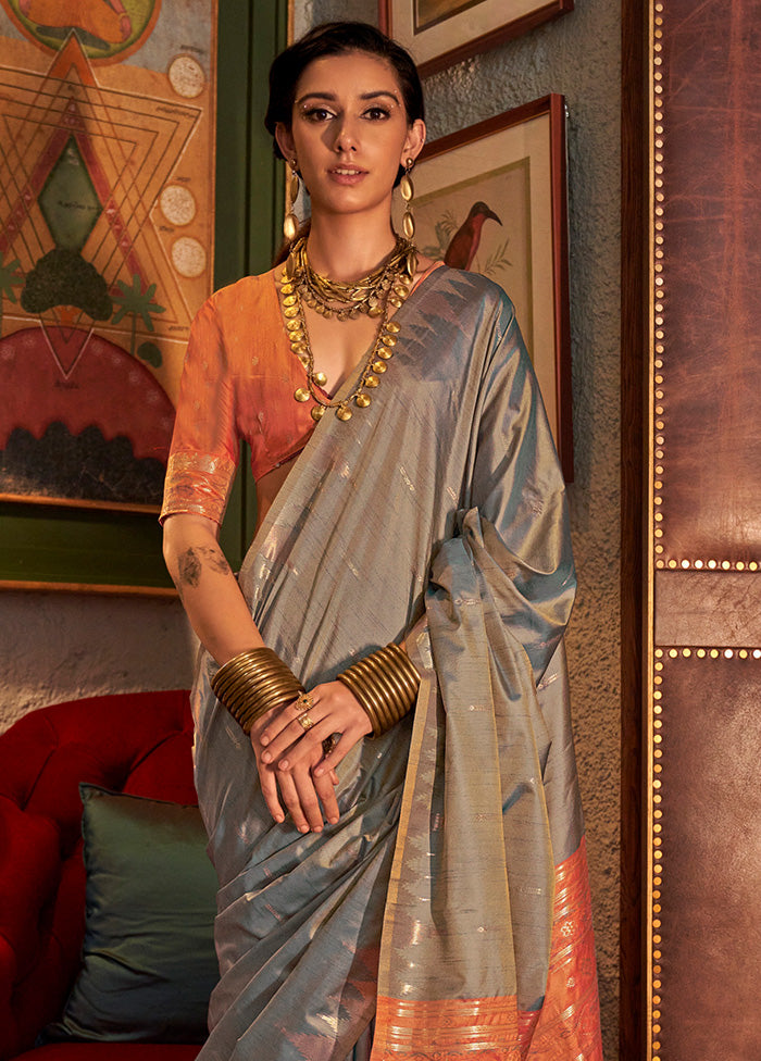 Grey Tussar Silk Saree With Blouse Piece Free Shipping Fast Delivery