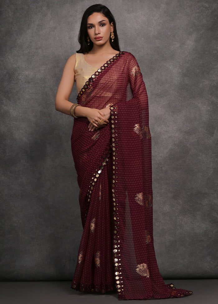 Maroon Chiffon Silk Saree With Blouse Piece Discount Amazon