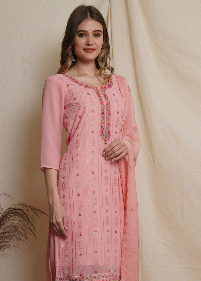 3 Pc Pink Unstitched Georgette Suit Set 100% Original Online