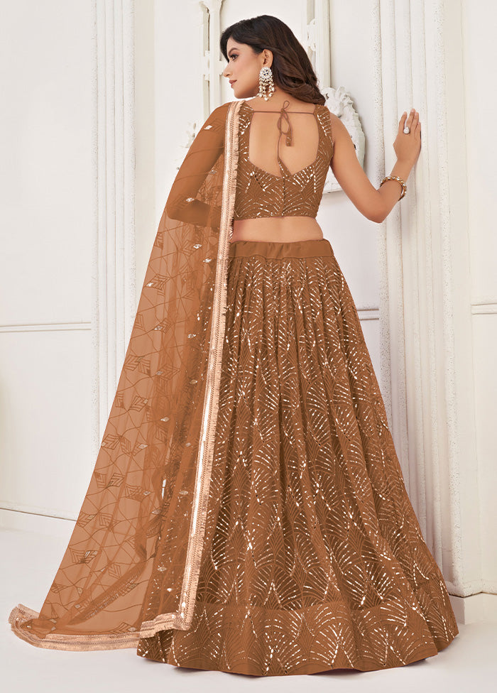 3 Pc Brown Net Semi Stitched Lehenga Set Cheap Pick A Best