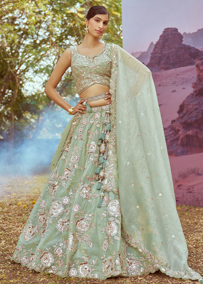 3 Pc Pista Green Silk Semi Stitched Lehenga Set Free Shipping Outlet Store