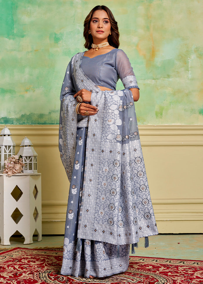 Grey Cotton Saree With Blouse Piece Cheap Sale Reliable