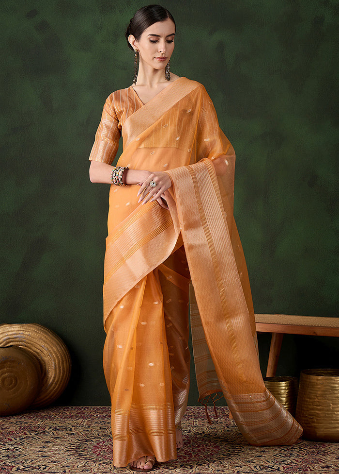 Orange Organza Saree With Blouse Piece Websites Online