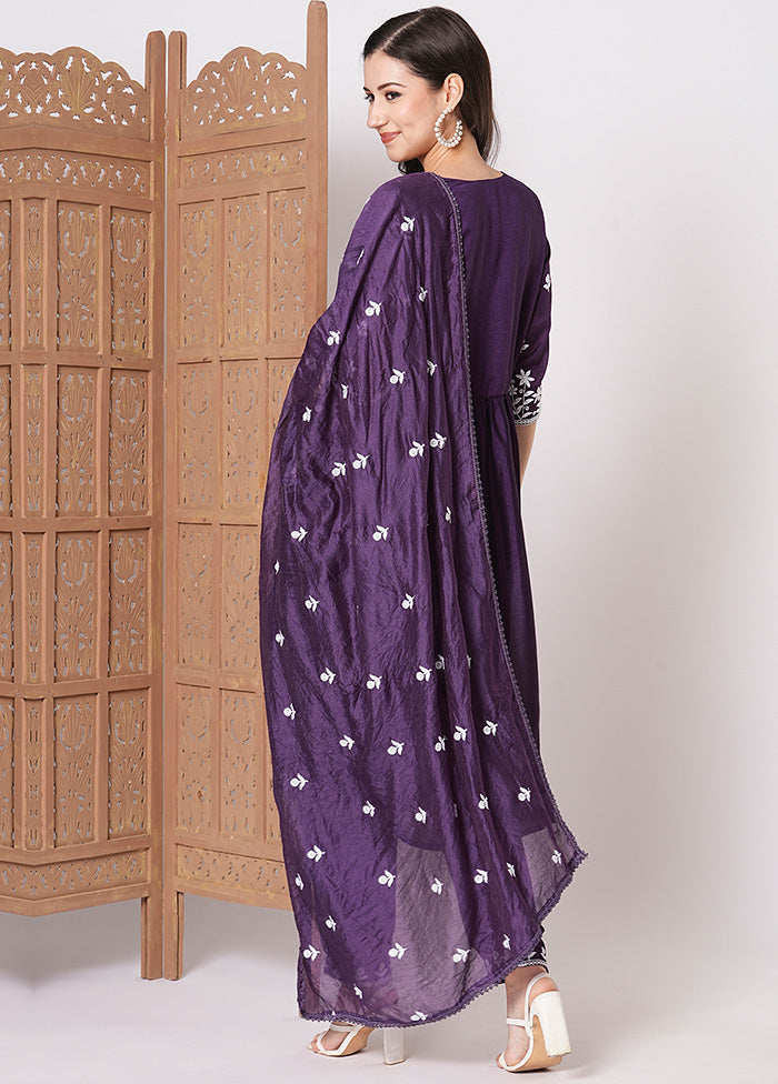 3 Pc Purple Readymade Silk Dupatta Suit Set From China Cheap Pice