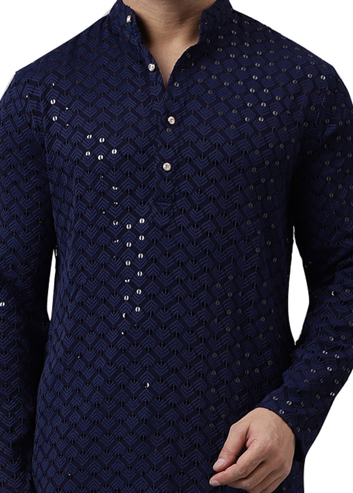 Navy Blue Silk Embroidered Kurta Outlet Manchester Great Sale