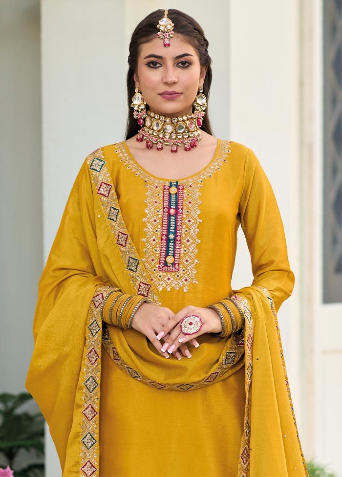 3 Pc Mustard Semi Stitched Georgette Suit Set Sale 2025 Unisex