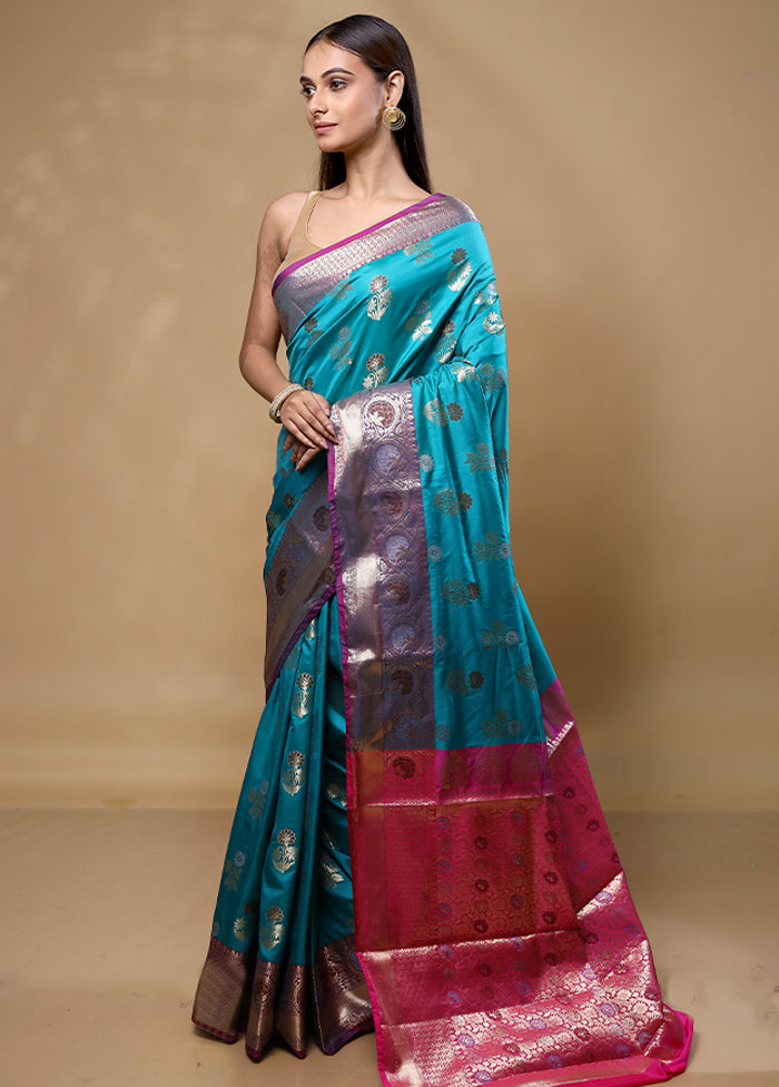 Blue Dupion Silk Saree With Blouse Piece Choice Online