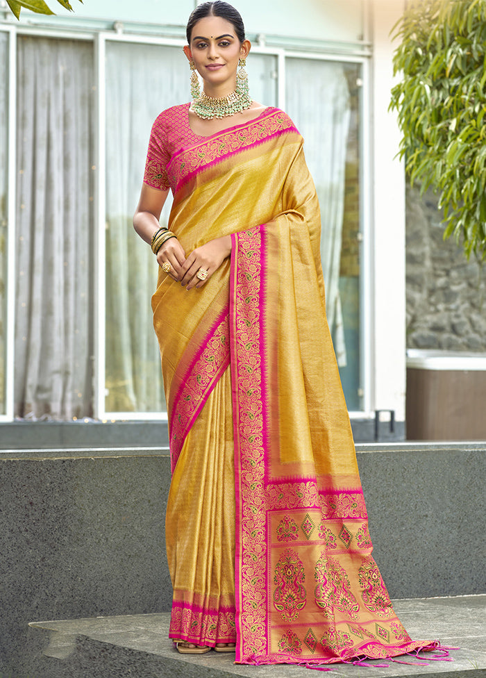 Yellow Dupion Silk Saree With Blouse Piece Cheap Sale Amazon