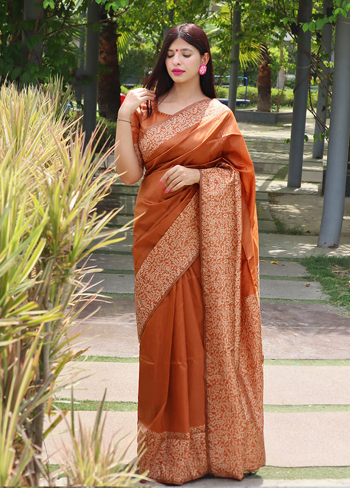 Orange Spun Silk Saree With Blouse Piece Genuine Cheap Online