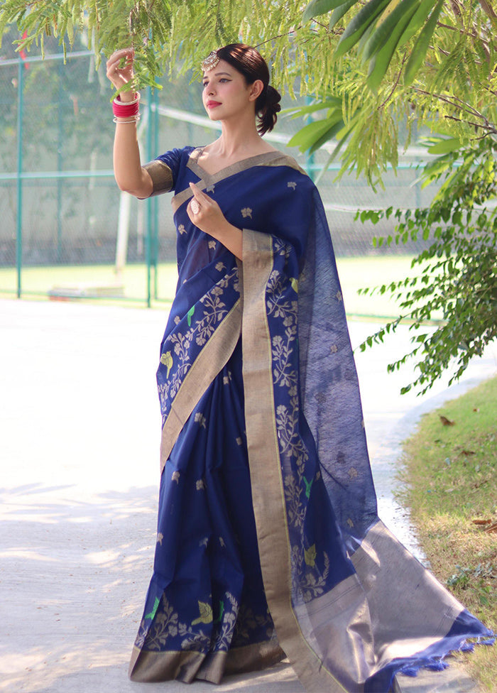 Blue Linen Silk Saree With Blouse Piece Buy Cheap With Mastercard