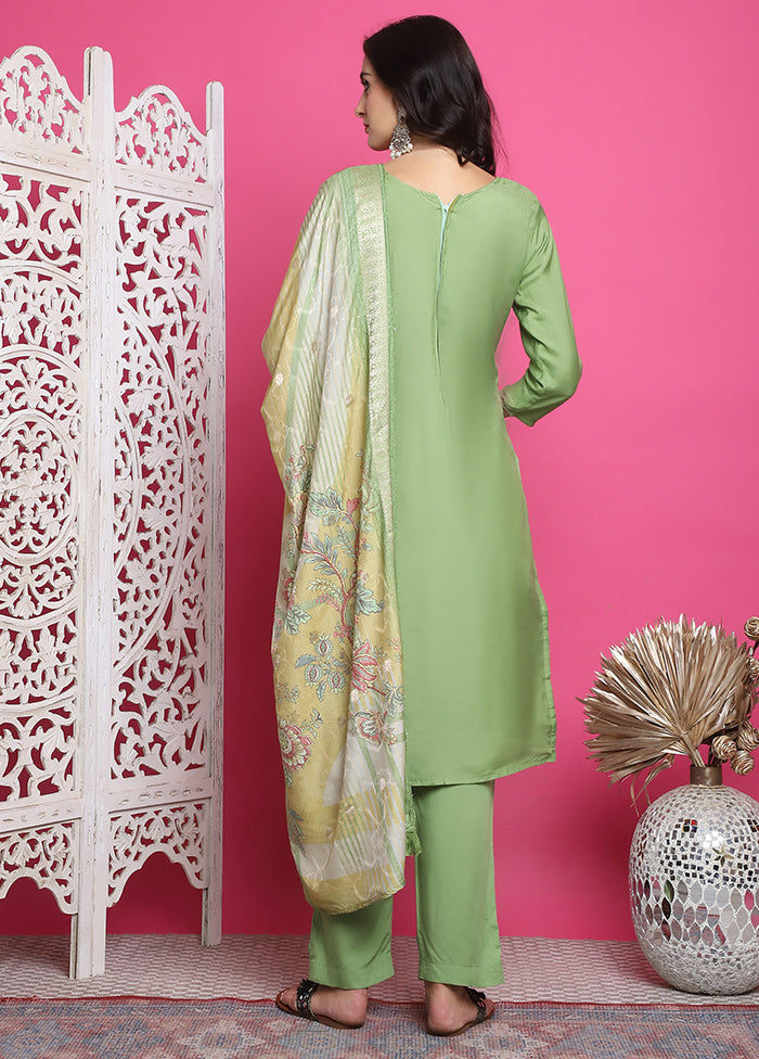 3 Pc Green Unstitched Silk Suit Set Original For Sale