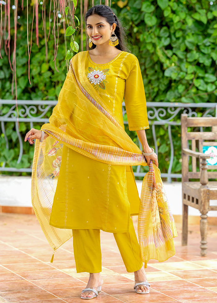 3 Pc Yellow Readymade Silk Suit Set Cheap Pice Buy Discount