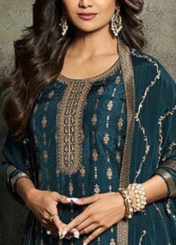 3 Pc Teal Green Semi Stitched Viscose Suit Set Collections Cheap Online