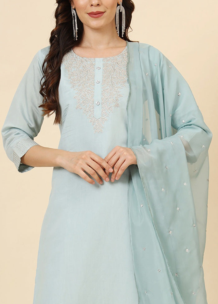 3 Pc Blue Readymade Silk Suit Set Pices Cheap Online