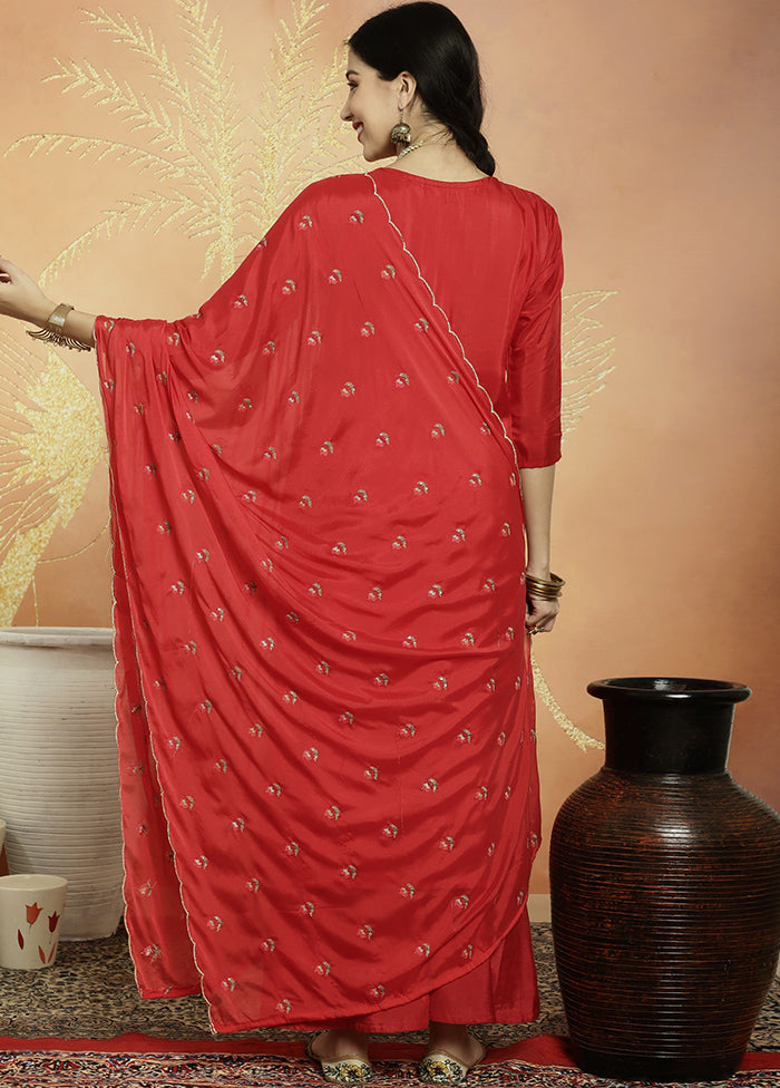 3 Pc Red Unstitched Silk Suit Set With Mastercard For Sale