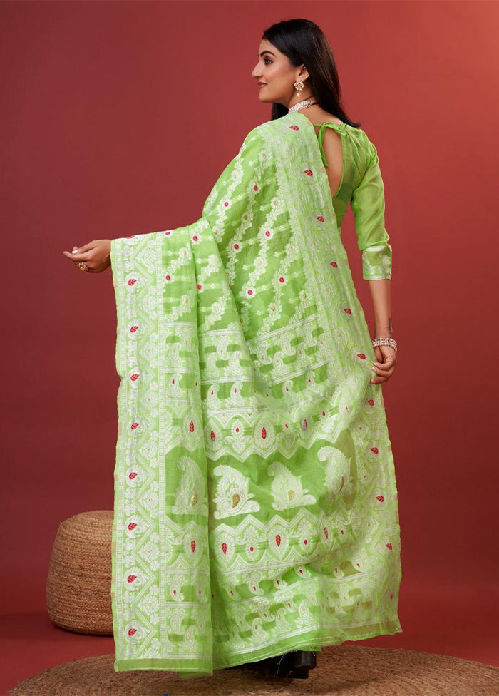 Parrot Green Cotton Saree With Blouse Piece Cheap Sale Fashionable