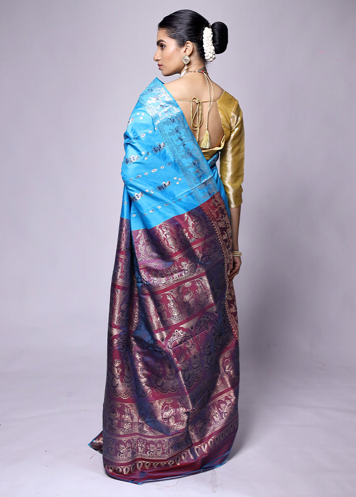 Blue Handloom Baluchari Pure Silk Saree With Blouse Piece Outlet Huge Surprise