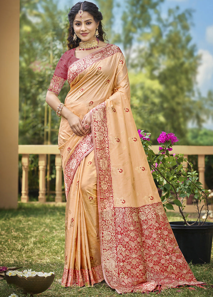 Peach Spun Silk Saree With Blouse Piece Free Shipping Online