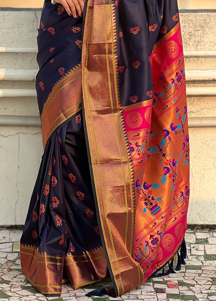 Navy Blue Spun Silk Saree With Blouse Piece Clearance Get Authentic